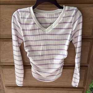 SHEIN Striped V-Neck Long Sleeve Top with ruched sides